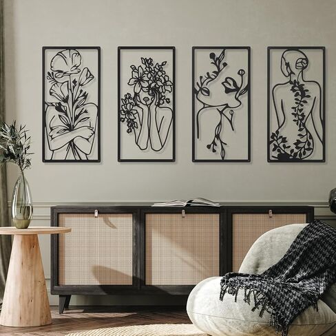 4 Pcs Metal Wall Art Decor Minimalist Abstract Woman Wall Art Line Drawing metal line art Home Hanging Art Decor for Bedroom Kitchen Bathroom Living Room(Fresh,Black) in Saudi Arabia