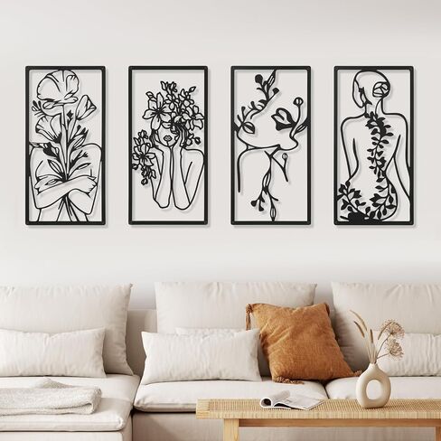 4 Pcs Metal Wall Art Decor Minimalist Abstract Woman Wall Art Line Drawing metal line art Home Hanging Art Decor for Bedroom Kitchen Bathroom Living Room(Fresh,Black) in Saudi Arabia