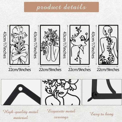 4 Pcs Metal Wall Art Decor Minimalist Abstract Woman Wall Art Line Drawing metal line art Home Hanging Art Decor for Bedroom Kitchen Bathroom Living Room(Fresh,Black) in Saudi Arabia