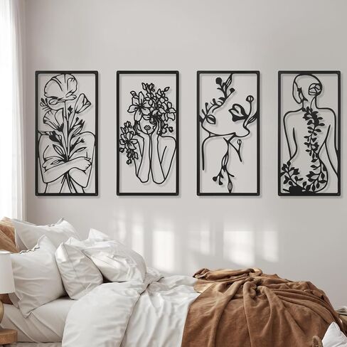 4 Pcs Metal Wall Art Decor Minimalist Abstract Woman Wall Art Line Drawing metal line art Home Hanging Art Decor for Bedroom Kitchen Bathroom Living Room(Fresh,Black) in Saudi Arabia