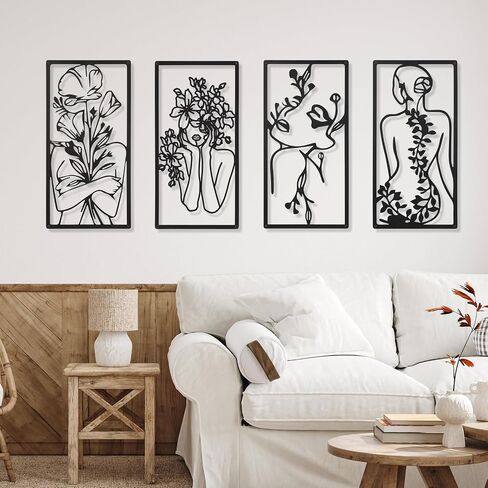 4 Pcs Metal Wall Art Decor Minimalist Abstract Woman Wall Art Line Drawing metal line art Home Hanging Art Decor for Bedroom Kitchen Bathroom Living Room(Fresh,Black) in Saudi Arabia