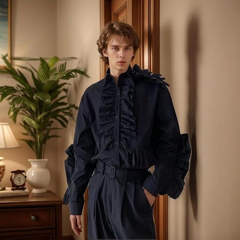 Elegant Men's Designer Ruffle Blouse Tuxedo Shirt - Perfect for Galas, Stage Performances, and Red Carpet Runways in Kuwait