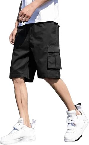 Fnfmrfmr Mens Cargo Shorts Solid Knee Length Drawstring Cotton Shorts with Pocket in Saudi Arabia
