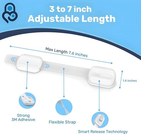3M Adhesive Child Safety Strap Locks by Baby Proof Me, Baby Latches for Cabinets, Dishwashers, Fridges, Ovens and Trash Cans, Stain Free Toilet Lock (White, 24 Safety Latches) in Saudi Arabia