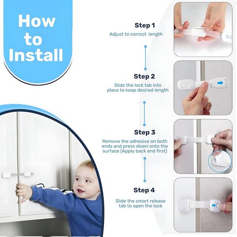 3M Adhesive Child Safety Strap Locks by Baby Proof Me, Baby Latches for Cabinets, Dishwashers, Fridges, Ovens and Trash Cans, Stain Free Toilet Lock (White, 24 Safety Latches) in Saudi Arabia