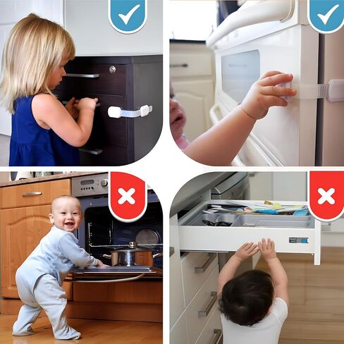 3M Adhesive Child Safety Strap Locks by Baby Proof Me, Baby Latches for Cabinets, Dishwashers, Fridges, Ovens and Trash Cans, Stain Free Toilet Lock (White, 24 Safety Latches) in Saudi Arabia