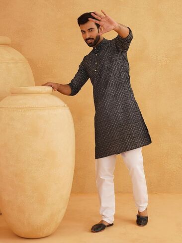 Sojanya (Since 1958 Men'S Cotton Linen Foil Printed Kurta And White Pyjama Set in Saudi Arabia