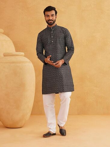 Sojanya (Since 1958 Men'S Cotton Linen Foil Printed Kurta And White Pyjama Set in Saudi Arabia
