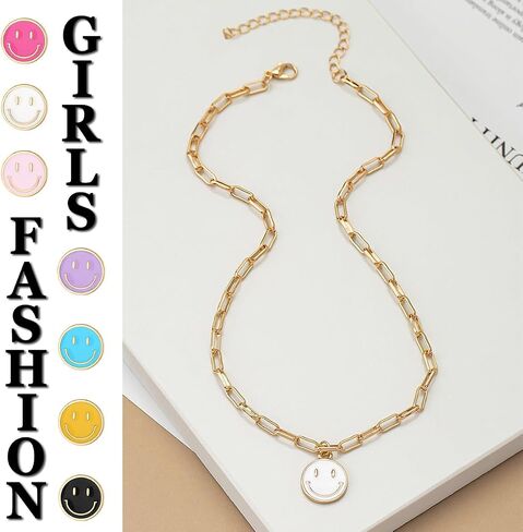 Smile Pendant Necklace Smile Face Chain Necklace Paperclip Necklace Cute Round Pendant Necklace Preppy Jewelry for Women Girls in Saudi Arabia
