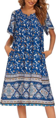 Ekouaer Womens Nightgown Short Sleeve House Dress with Pockets-Floral Print Mumu Dress Blue Floral L in Kuwait