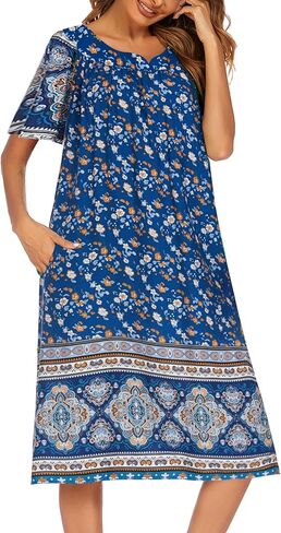 Ekouaer Womens Nightgown Short Sleeve House Dress with Pockets-Floral Print Mumu Dress Blue Floral L in Kuwait
