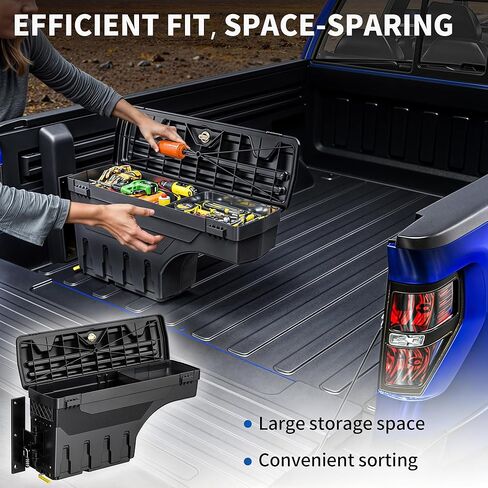 Oedro Truck Bed Bed Tool Box Fits 2015-2025 Ford F150 DRIVER SIDE + SDAY SADE SADE ، 180 درجة تدور مربعات أدوات خلفية مع قفل قفل وقفل كلمة مرور ، وتخزين بئر عجلة أسود مقاومة للماء in Saudi Arabia