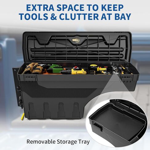 Oedro Truck Bed Bed Tool Box Fits 2015-2025 Ford F150 DRIVER SIDE + SDAY SADE SADE ، 180 درجة تدور مربعات أدوات خلفية مع قفل قفل وقفل كلمة مرور ، وتخزين بئر عجلة أسود مقاومة للماء in Saudi Arabia