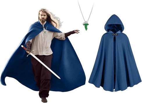 Medieval Cloak Men, Renaissance Costume Cloak with hood and Green Leaf Brooch Necklace for Halloween Cosplay Party. in Saudi Arabia