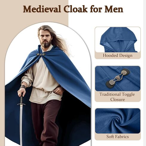 Medieval Cloak Men, Renaissance Costume Cloak with hood and Green Leaf Brooch Necklace for Halloween Cosplay Party. in Saudi Arabia