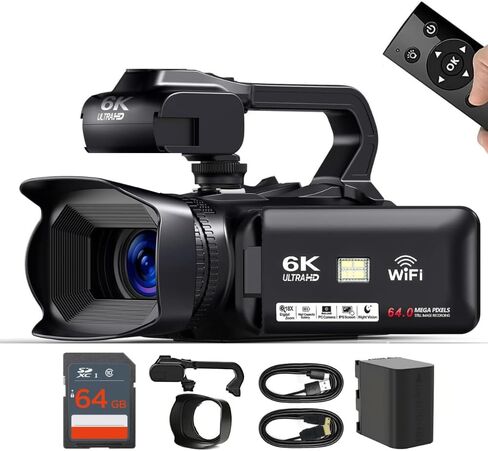 4K 64MP Video Camera Camcorder Vlogging Camera for YouTube 60FPS 18X Zoom Video Camera, WiFi, Webcam, External Mic, 2 64GB SD Cards, 50" Tripod, Case, Card Reader, Remote Control, Dual Charger in Kuwait