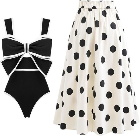 FLAXMAKER Black and White Bow-tie Decor Women's One Piece with Beach Cover up Polka dot Print Skirt Swimsuit and Skirt (Adult, S, Swimsuit and Skirt) in Saudi Arabia