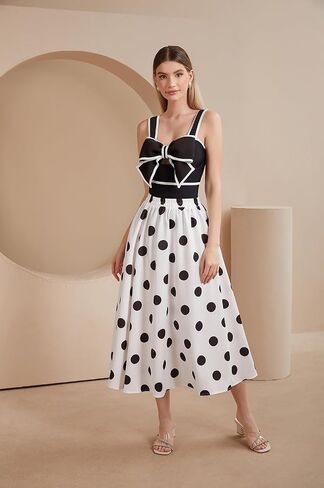 FLAXMAKER Black and White Bow-tie Decor Women's One Piece with Beach Cover up Polka dot Print Skirt Swimsuit and Skirt (Adult, S, Swimsuit and Skirt) in Saudi Arabia