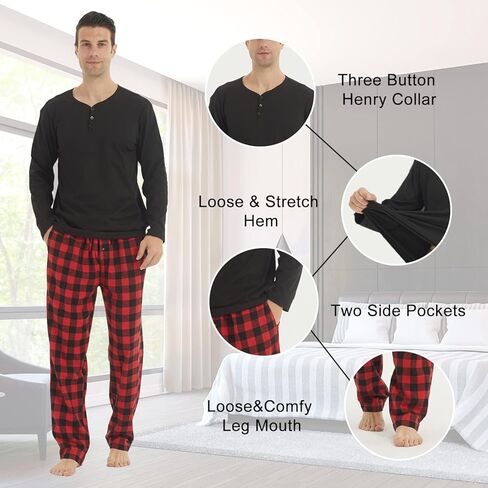بيجامات رجال مجموعات Fleece Long Sleeve Top & Plaid Pajamas قيعان ناع in Kuwait