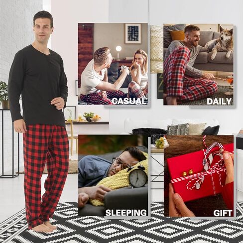 بيجامات رجال مجموعات Fleece Long Sleeve Top & Plaid Pajamas قيعان ناع in Kuwait