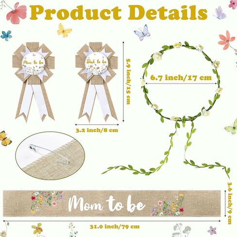 R HORSE 5Pcs Mom to Be Sash Dad to Be Pin Baby Shower - Bear Neutral Burlap Maternity Sash Corsage Pin and Flower Crown Headband Gender Reveals Party for Baby Boys Girls Pregnancy Props Keepsake Gifts in Saudi Arabia