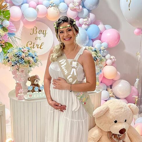 R HORSE 5Pcs Mom to Be Sash Dad to Be Pin Baby Shower - Bear Neutral Burlap Maternity Sash Corsage Pin and Flower Crown Headband Gender Reveals Party for Baby Boys Girls Pregnancy Props Keepsake Gifts in Saudi Arabia