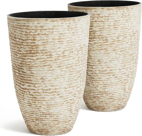 Worth Garden 2-Pack 21" H. White Tall Planters - 14'' Dia Resin Large Round Flower Pots for Outdoor Plants Trees - Imitation Stone Finish Plastic Indoor Front Porch 9 Gallon Decorative Container Patio in Saudi Arabia