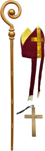 Nicky Bigs Novelties Adult Bishop Priest Pope Hat Costume Set Mitre Hat Gold Cross Crozier Staff Cane Necklace Accessories in Saudi Arabia