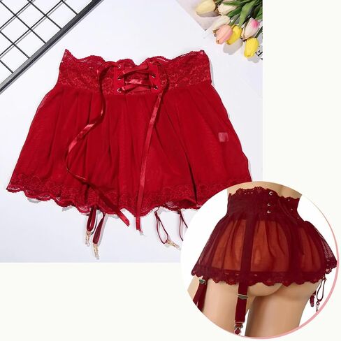 Women Lace Mesh Garter Belts Suspenders Belt Garter Skirt for Thigh Highs Stockings Mini Dress with Underwear Thong in Saudi Arabia
