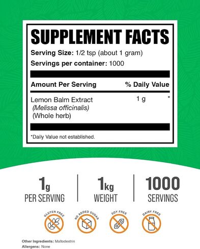 BulkSupplements.com Lemon Balm Extract Powder - Melissa Officinalis, Lemon Balm Supplement, Lemon Balm Powder - Vegan & Gluten Free, 1000mg per Serving, 500g (1.1 lbs) (Pack of 1) in Saudi Arabia