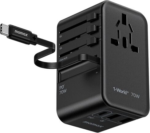 MOMAX Universal Travel Adapter, International Power Plug Adapter with 1 USB C (PD 70W), 2 USB A Ports, 1 USB C Cable (PD 70W), All-in-One Worldwide Wall Charger for USA European UK AUS (Type C/G/A/I) in Saudi Arabia