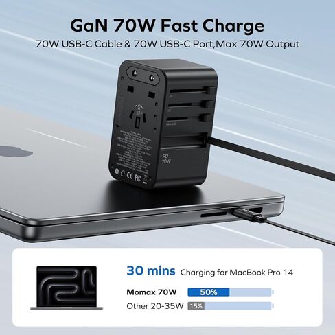 MOMAX Universal Travel Adapter, International Power Plug Adapter with 1 USB C (PD 70W), 2 USB A Ports, 1 USB C Cable (PD 70W), All-in-One Worldwide Wall Charger for USA European UK AUS (Type C/G/A/I) in Saudi Arabia