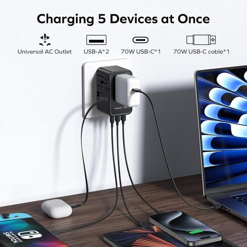 MOMAX Universal Travel Adapter, International Power Plug Adapter with 1 USB C (PD 70W), 2 USB A Ports, 1 USB C Cable (PD 70W), All-in-One Worldwide Wall Charger for USA European UK AUS (Type C/G/A/I) in Saudi Arabia