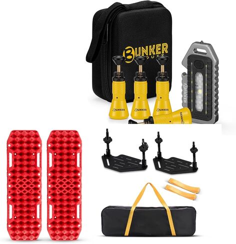 BUNKER INDUST Gen 7th Traction Boards with Mounting Kit (Red) + 4 PCS Tire Air Down Valve(10-30 PSI) / 1 PCS Multifunctional LED Light Features Safety Whistle and Bottle Opener/Carrying Case in Saudi Arabia