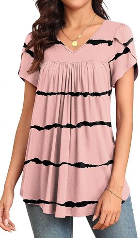 LAOLASI Women's 2023 Summer V Neck Casual Soft Tops Petal Sleeve Skin Friendly Shirt Plus Size Tunic Blouse,Blue-Khaki,3XL in Saudi Arabia