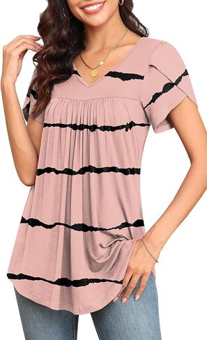 LAOLASI Women's 2023 Summer V Neck Casual Soft Tops Petal Sleeve Skin Friendly Shirt Plus Size Tunic Blouse,Blue-Khaki,3XL in Saudi Arabia