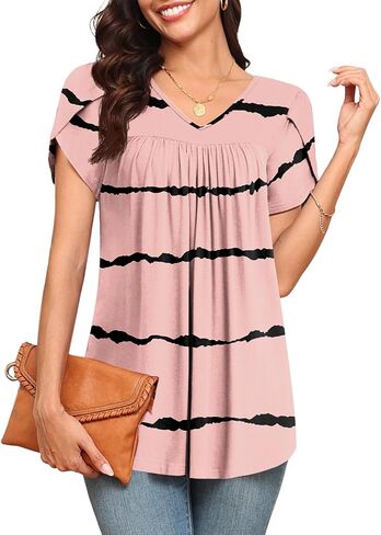 LAOLASI Women's 2023 Summer V Neck Casual Soft Tops Petal Sleeve Skin Friendly Shirt Plus Size Tunic Blouse,Blue-Khaki,3XL in Saudi Arabia