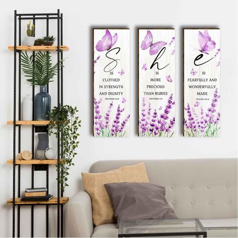 HIWERAN 3 Pcs Modern Purple Butterfly Wooden Office Wall Decor, Inspirational Saying with Love Faith Believe Wood Sign, Hanging Motivational Wall Plaques for Office Living Room Bathroom Bedroom-49 in Saudi Arabia