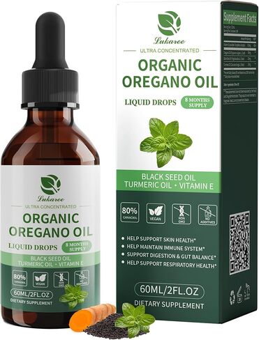 Organic Oregano Oil Drops 80% Carvacrol - Oil of Oregano with Black Seed Oil, Turmeric & Vitamin E - Immune, Respiratory, Digestive Support - Vegan, Sugar-Free, Non-GMO-8 Month Supply, 2 Fl Oz in Kuwait