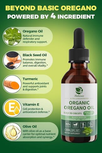 Organic Oregano Oil Drops 80% Carvacrol - Oil of Oregano with Black Seed Oil, Turmeric & Vitamin E - Immune, Respiratory, Digestive Support - Vegan, Sugar-Free, Non-GMO-8 Month Supply, 2 Fl Oz in Kuwait