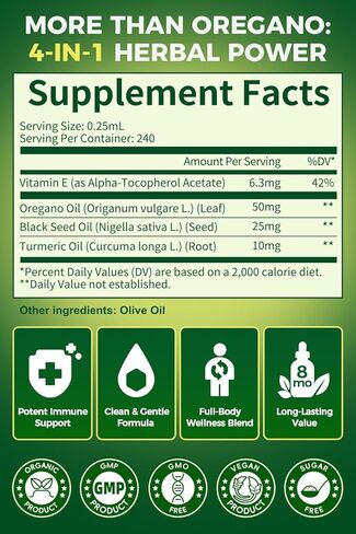 Organic Oregano Oil Drops 80% Carvacrol - Oil of Oregano with Black Seed Oil, Turmeric & Vitamin E - Immune, Respiratory, Digestive Support - Vegan, Sugar-Free, Non-GMO-8 Month Supply, 2 Fl Oz in Kuwait