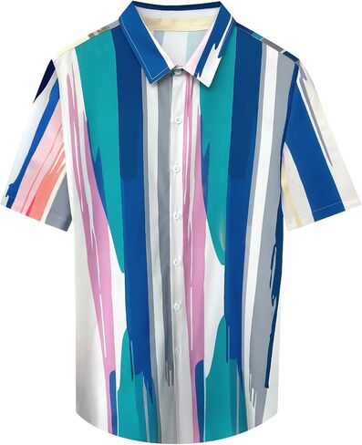 Mens Short Sleeve Button Down Shirt Casual Summer Striped Shirts Patchwork Hawaiian Print Beach Top in Saudi Arabia