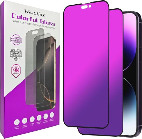 Compatible with iPhone 14 Pro Max Privacy Screen Protector Private Tempered Glass mirror Anti Bluelight colorful Film Anti-Scratch Anti-Spy HD clear 6.7 inch 2 pack (Purple) in Kuwait