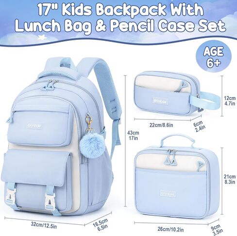 Fimibuke Backpacks for Girls, 3 PCS Waterproof School Backpack with Lunch Box & Pencil Pouch for Kids Teen Girl, Cute Bookbag School Bag for Elementary Middle High School Student Ages 6+(Blue) in Kuwait