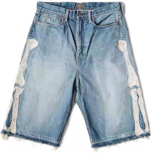 Retro Denim Shorts Men's y2k Casual Embroidered Bone Denim Shorts Men's and Women's in Kuwait