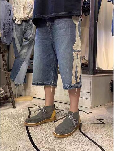 Retro Denim Shorts Men's y2k Casual Embroidered Bone Denim Shorts Men's and Women's in Kuwait