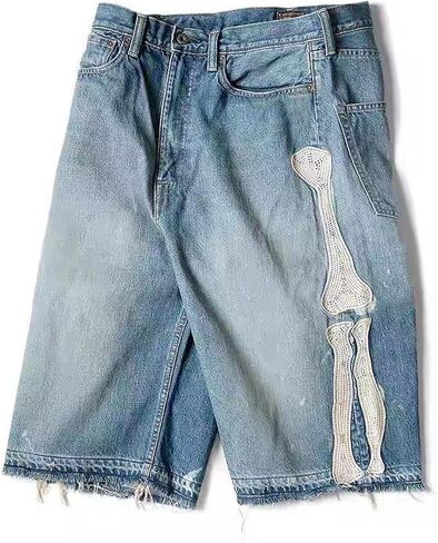 Retro Denim Shorts Men's y2k Casual Embroidered Bone Denim Shorts Men's and Women's in Kuwait