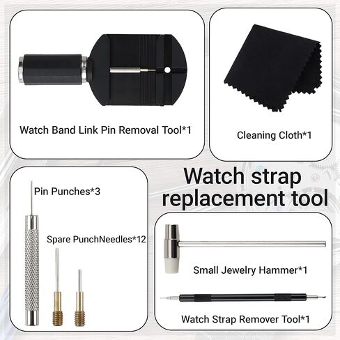 Watch Link Removal Kit, 19 in 1 kit, Can be Used for Strap Length Disassembly and Adjustment, Watch Strap Removal Tool, Tool Hammer, Cleaning Cloth and Spare Needle, with User Manual. in Saudi Arabia