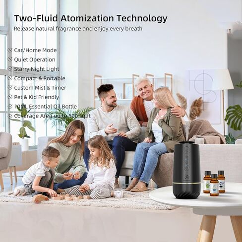 Waterless Oil Diffuser, Portable Car Diffusers for Essential Oils, Wireless Diffusers with 3 Mist Levels & Timer, ABS Material, Starry Night Light for Car Home Office, Includes 3 Scent Oils in Saudi Arabia