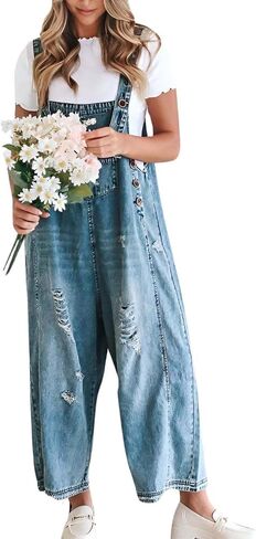 utcoco Women's Casual Adjustable Straps Denim Bib Overalls Distressed Ripped Wide Leg Jeans Long Pants Jumpsuits in Saudi Arabia